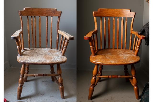 복원 전후의 오래된 나무 의자, 전문적인 복원 과정을 보여줌
