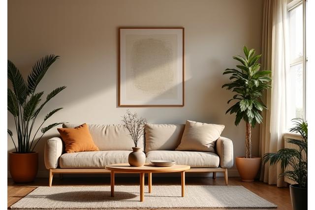 아늑하고 따뜻한 조명이 있는 현대적인 거실 인테리어