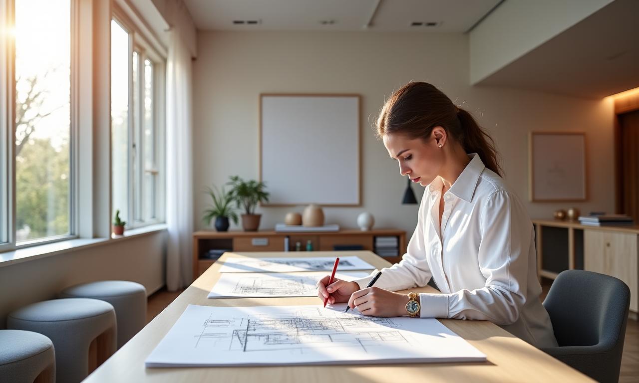 세련된 디자인 스튜디오에서 가구 디자이너가 스케치하고 있는 모습